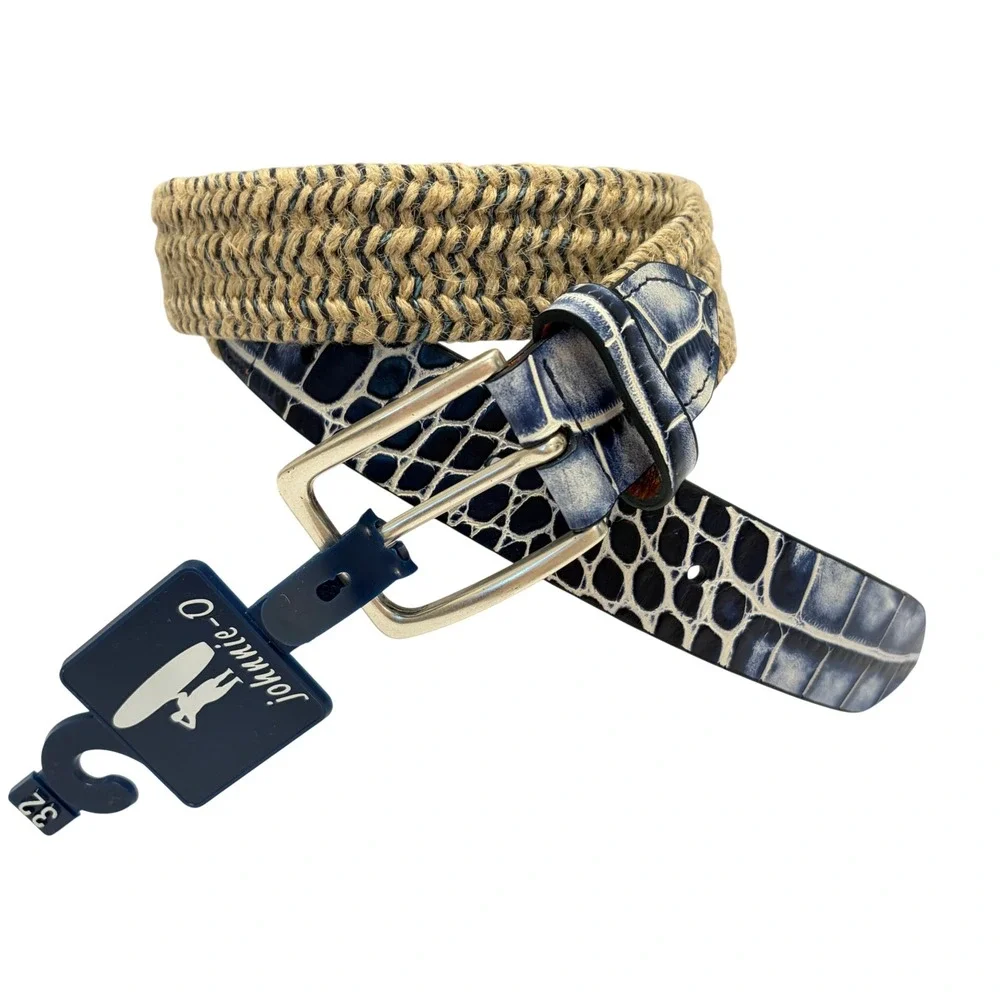 NEW Johnnie-O Mens Braided Jute Belt Malibu Blue Crocco Tip Size 32 NEW Beach